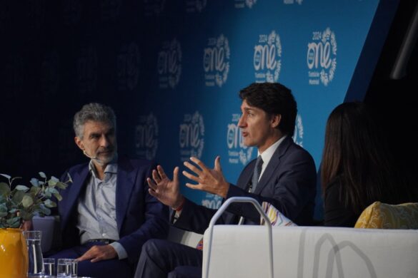 PM Trudeau, joined on stage by Yoshua Bengio and Valerie Pisano at One Young World Summit to discuss AI as a force for good.