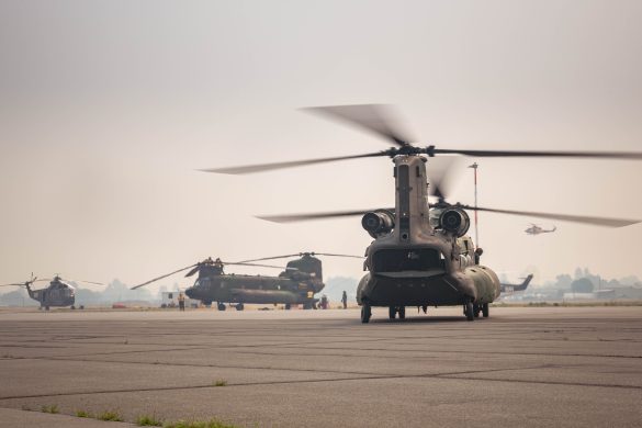 A CH-147F Chinook helicopter returns to YKA Kamloops Airport, British Columbia after providing air transport to BC Wildfire Service members during Operation LENTUS in Kamloops, BC on July 15, 2021.